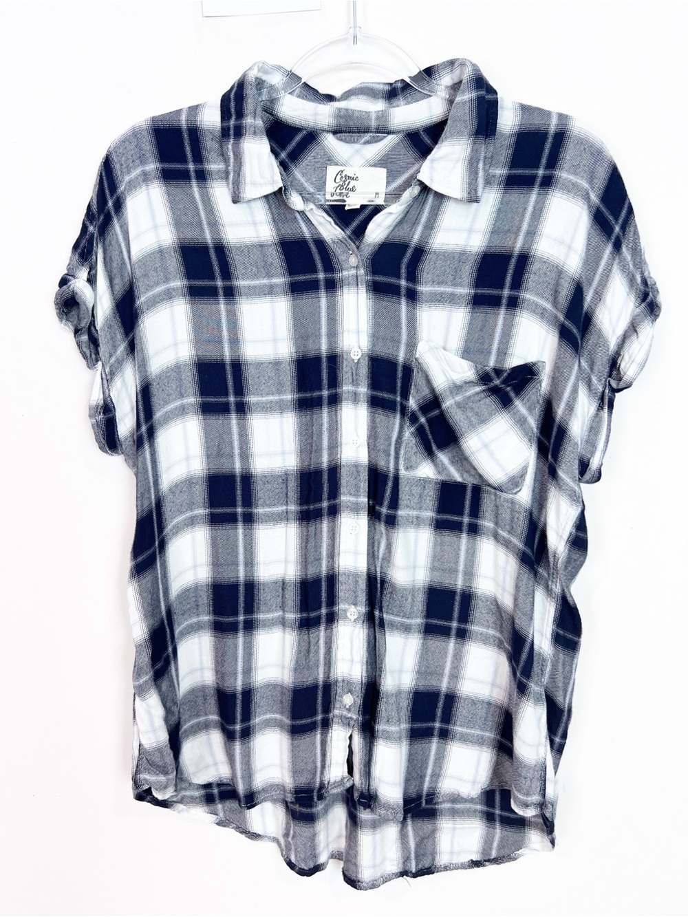 COSMIC BLUE LOVE NAVY PLAID SUPER SOFT SHORT SLEEVE BLOUSE MEDIUM